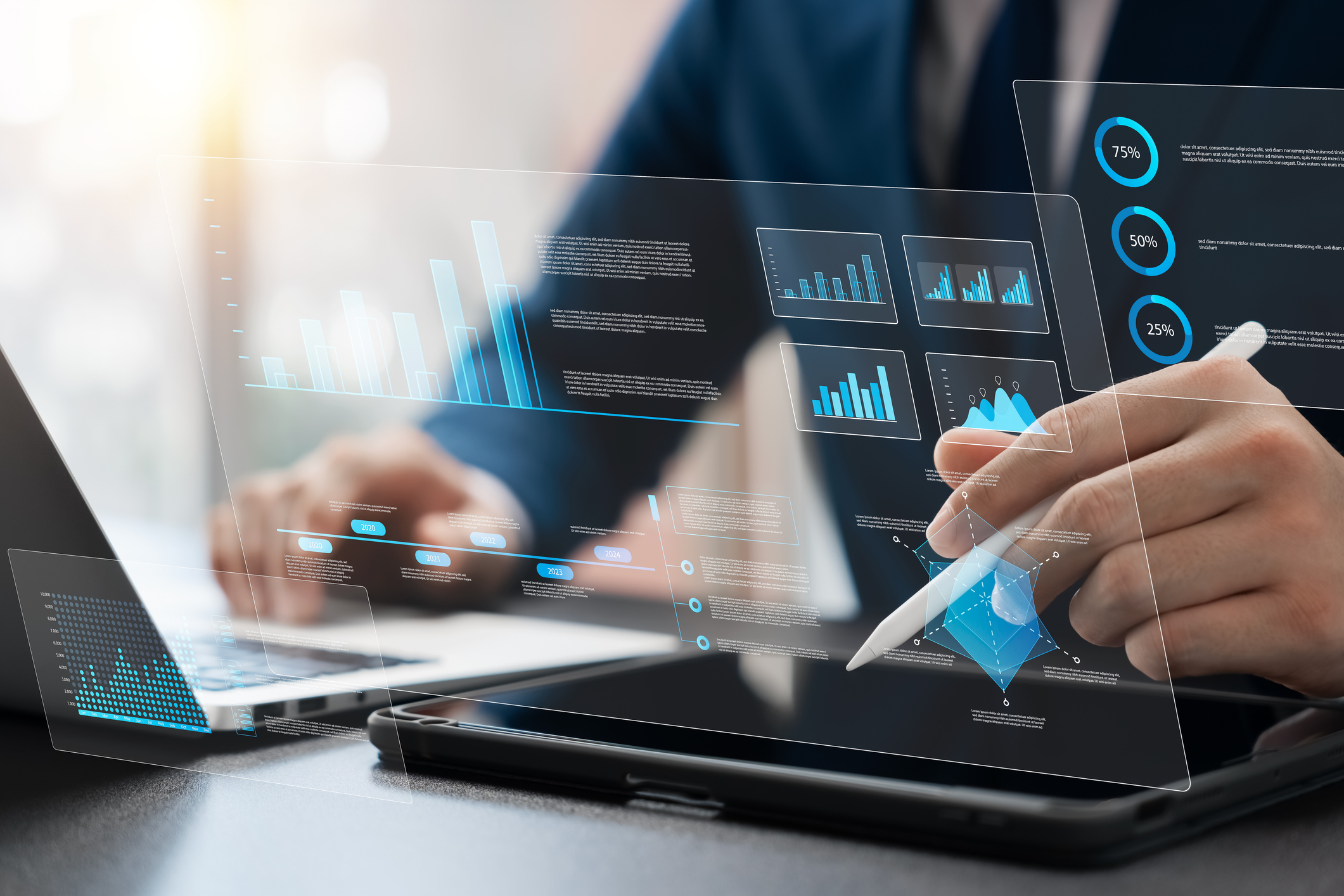 A business professional analyzes financial data on a tablet with a holographic interface, showing charts and graphs.